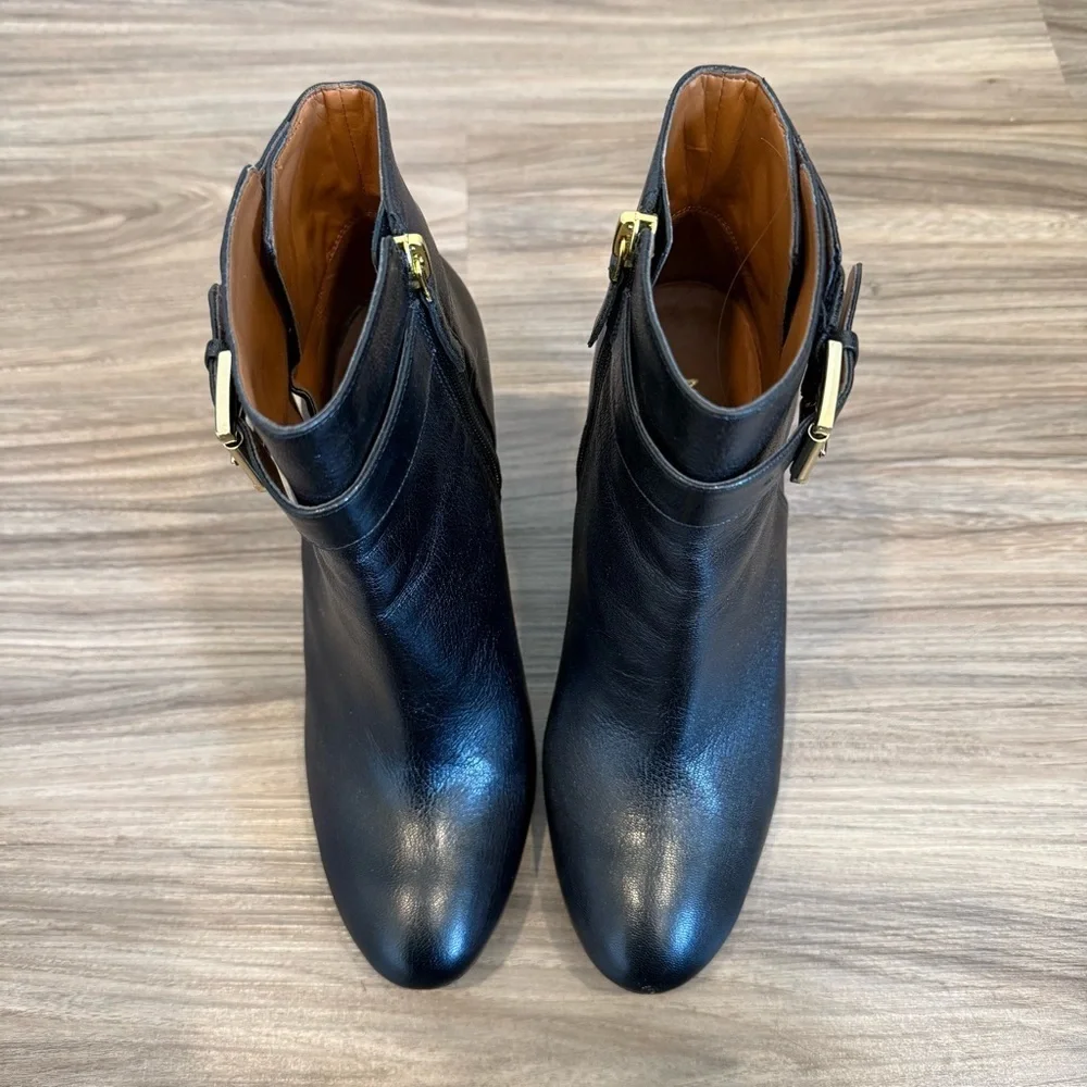 Nine West Black Leather Buckle Wedge Ankle Boots Size 7.5